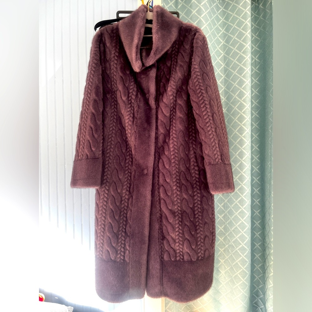Purple winter faux fur long coat with stand up collar